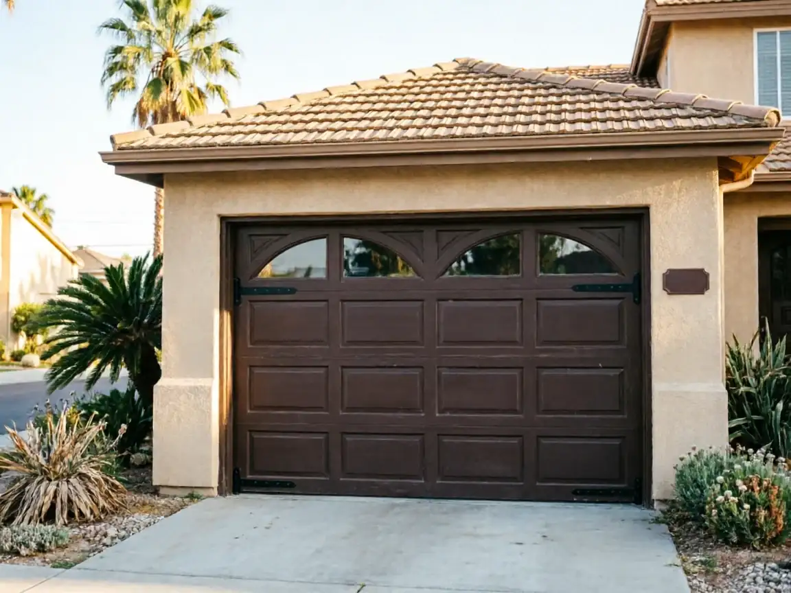 A brown garage door with arched windows is on a tan house.