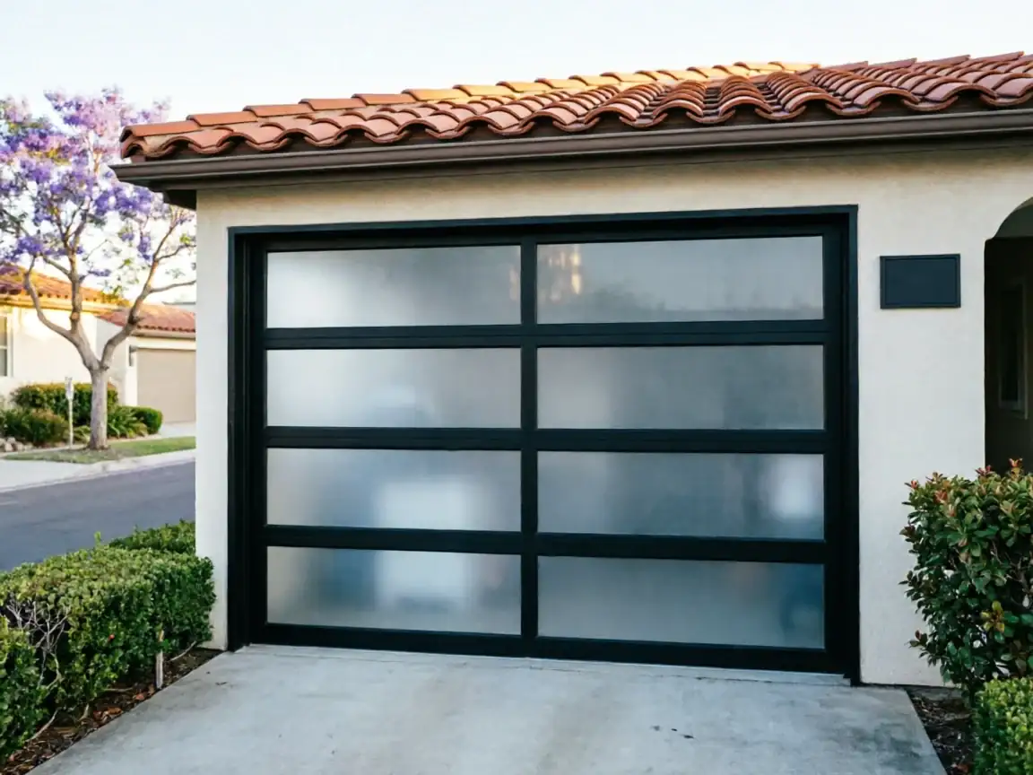 A modern black garage door with frosted glass panels on a stucco house.