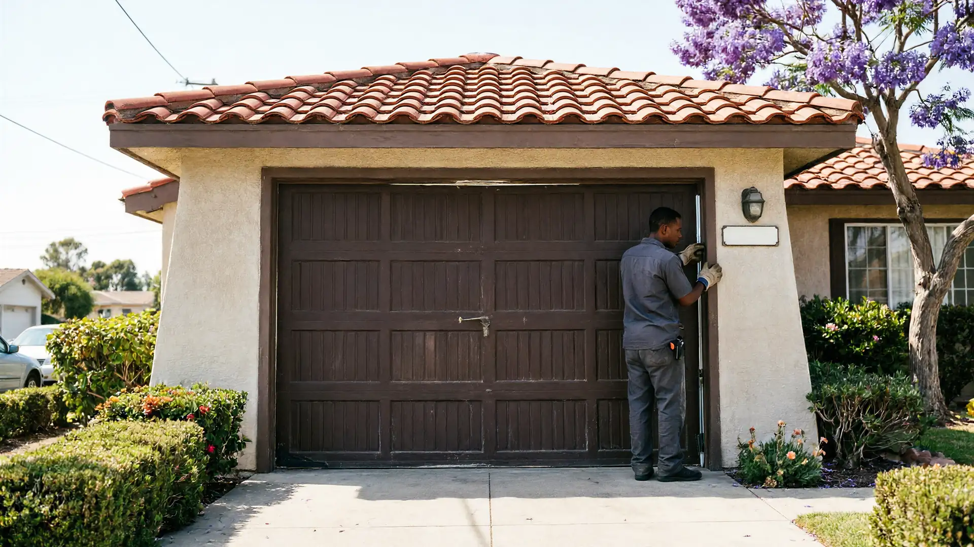 A technician works on a brown garage door with a tiled roof above.