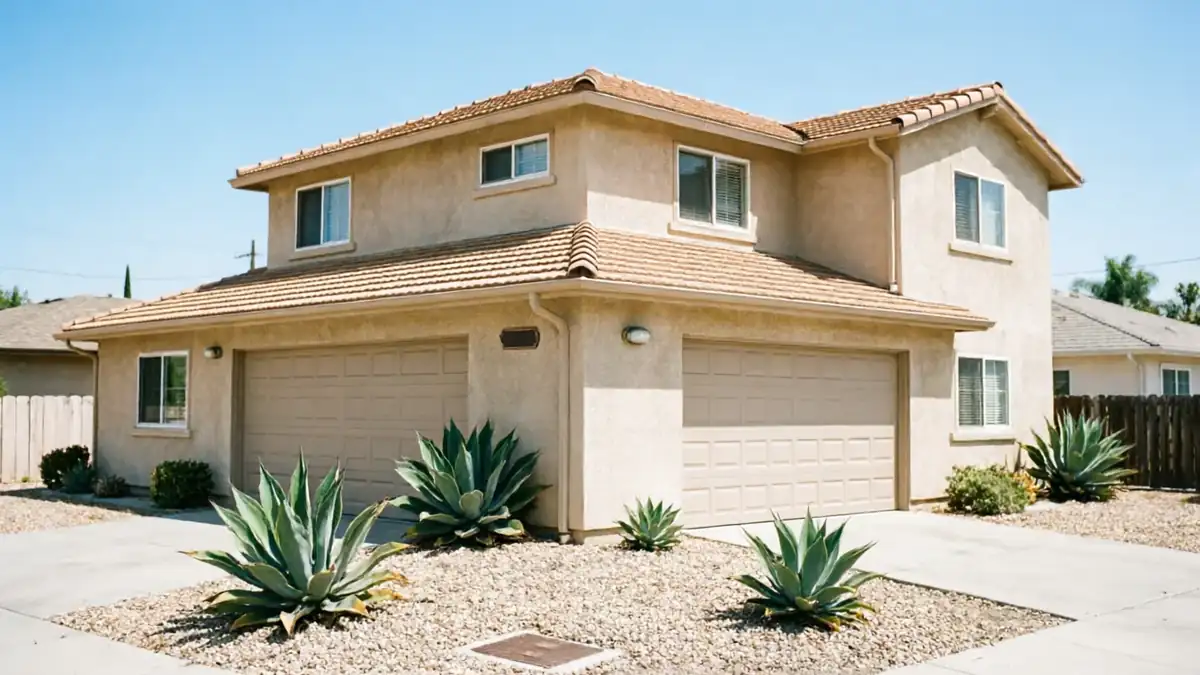 A two-story house with two tan garage doors and agave plants in front.