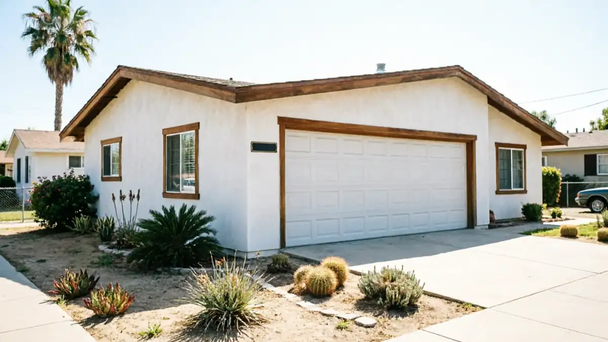 A white house with a white garage door and brown trim.