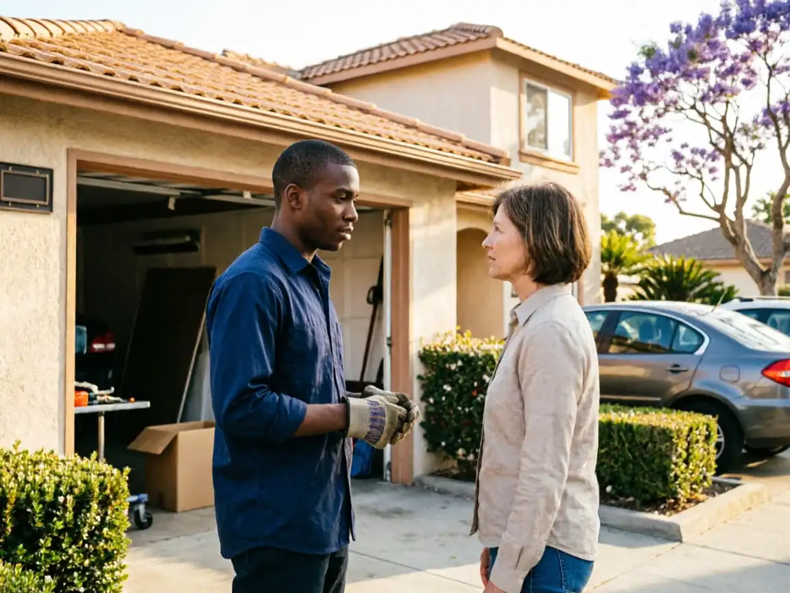 A technician wearing work gloves talks to a woman in front of an open garage.