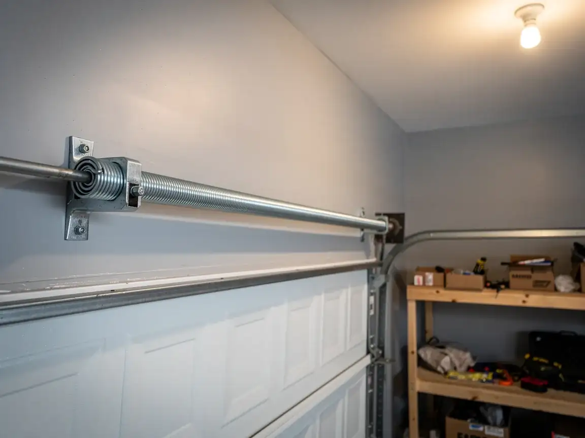 A garage door torsion spring is mounted above a white garage door.