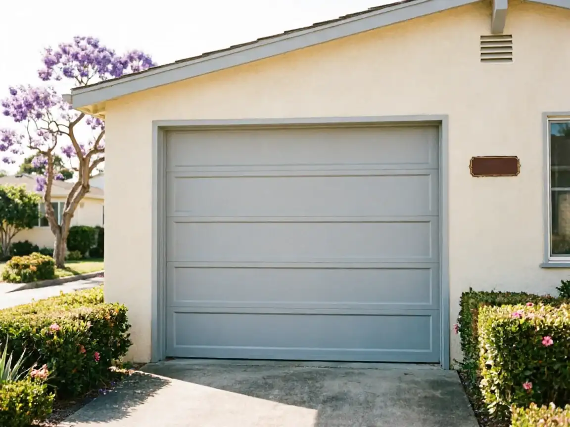 A light gray garage door on a cream-colored house with green bushes.