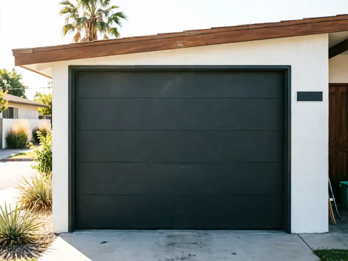 A dark gray garage door is on a white house with a brown roof.