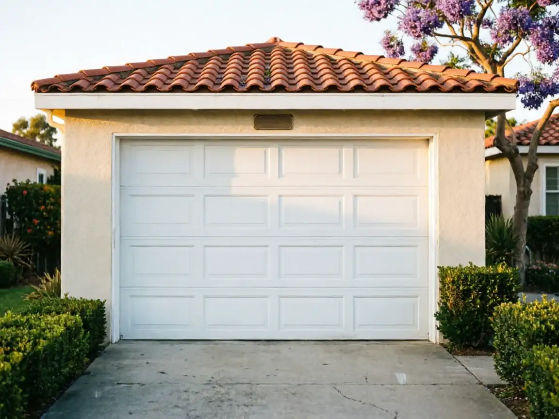 A white garage door is on a stucco garage with a red tile roof.