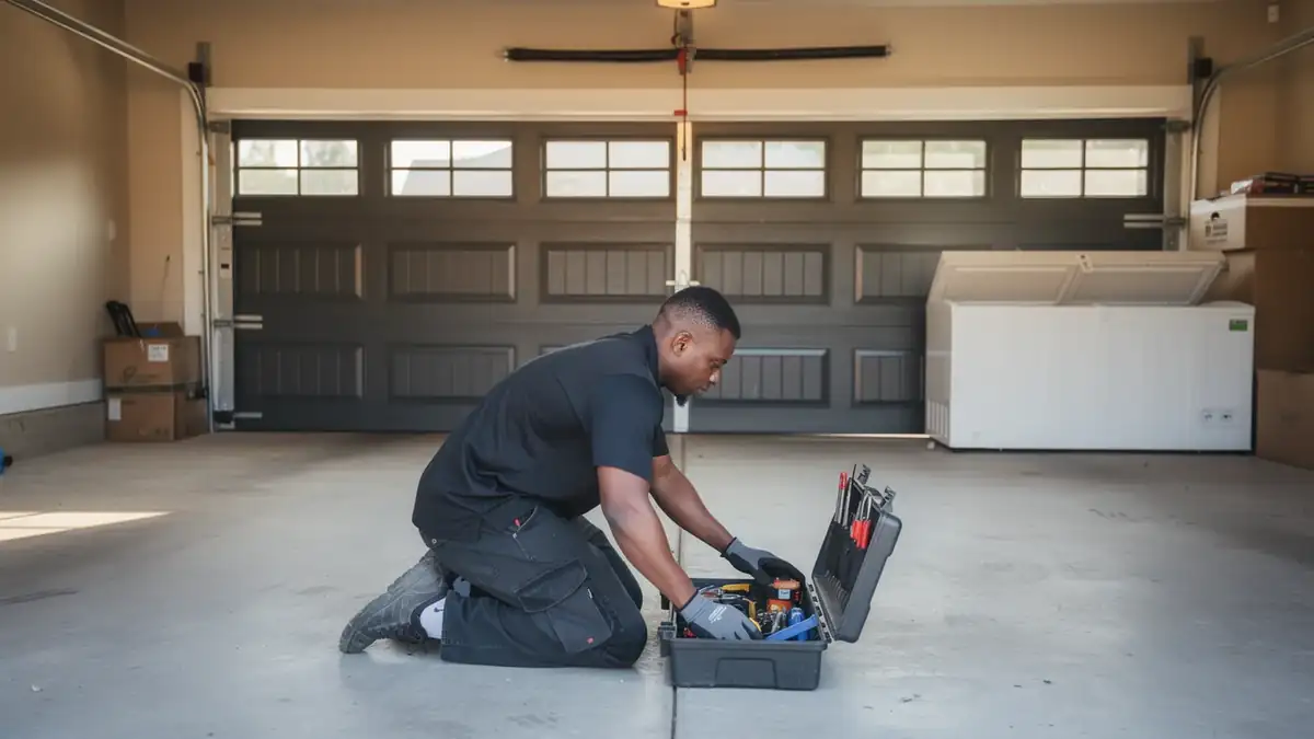 A technician kneels on the garage floor, reaching into an open toolbox.