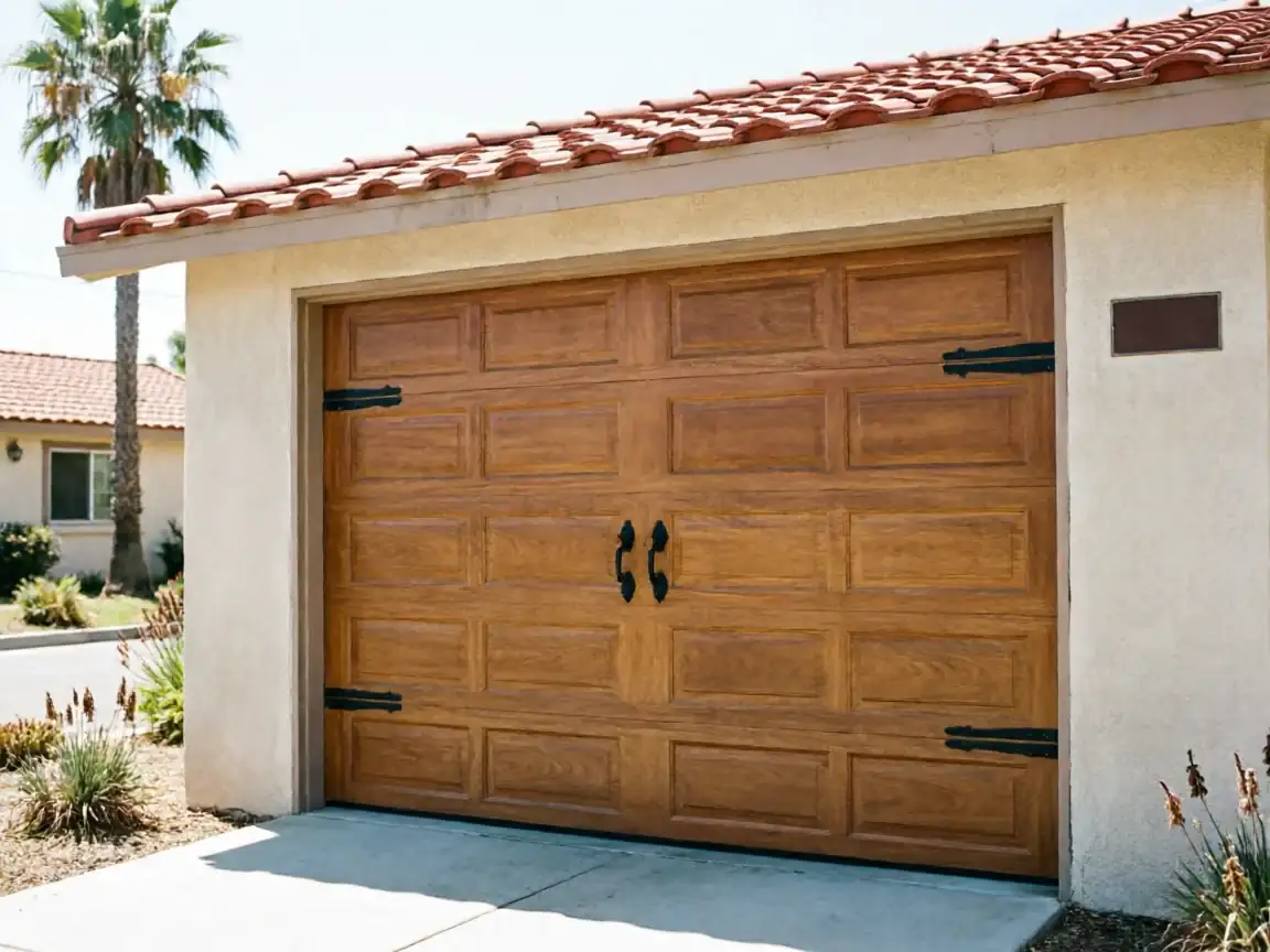 A wooden garage door with decorative black hinges and handles is on a stucco house.